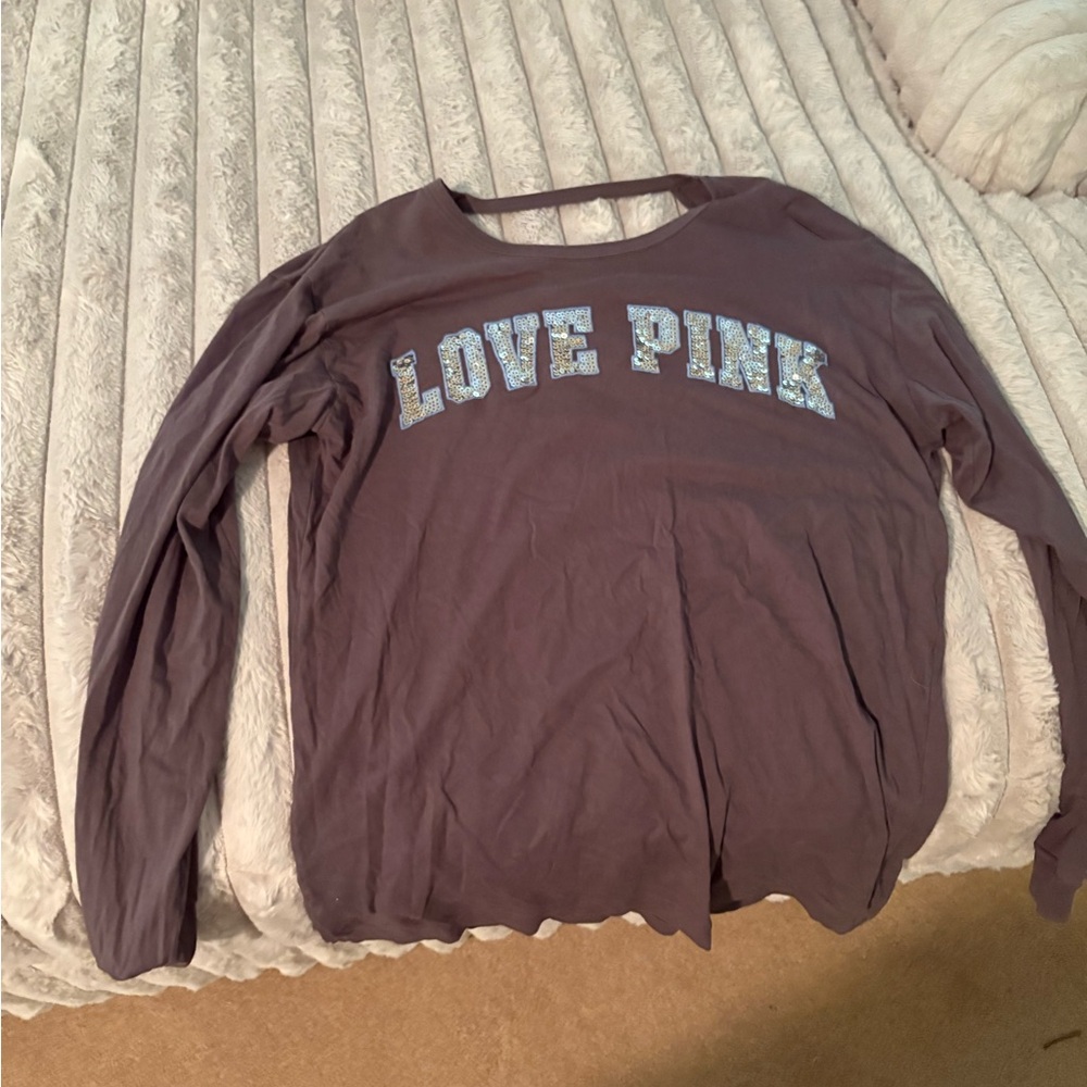 PINK Victoria's Secret Long Sleeve Tee - Brown with Silver Lettering